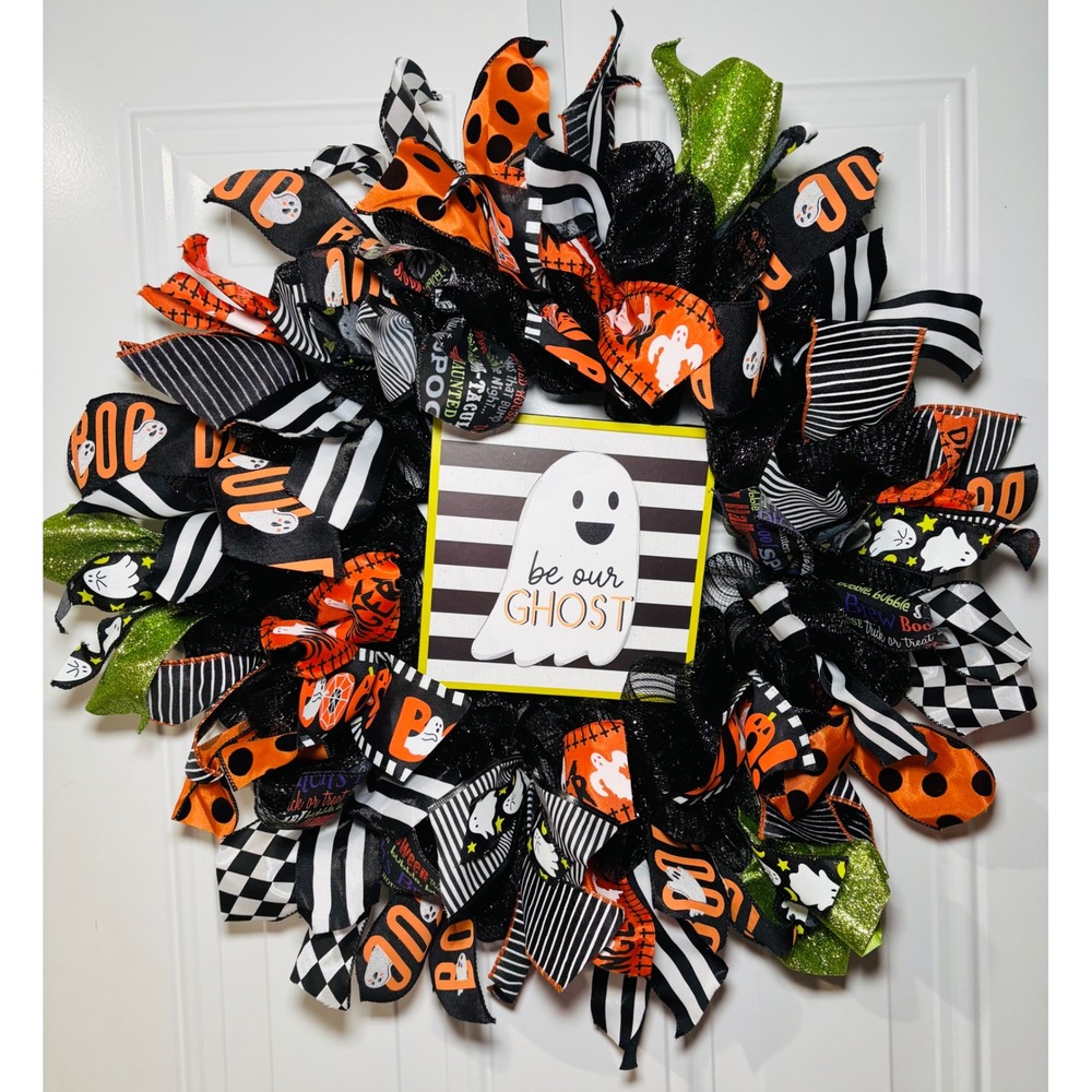 Handmade Halloween Deco Mesh Wreath Be Our Ghost Orange Black Green 21 inch